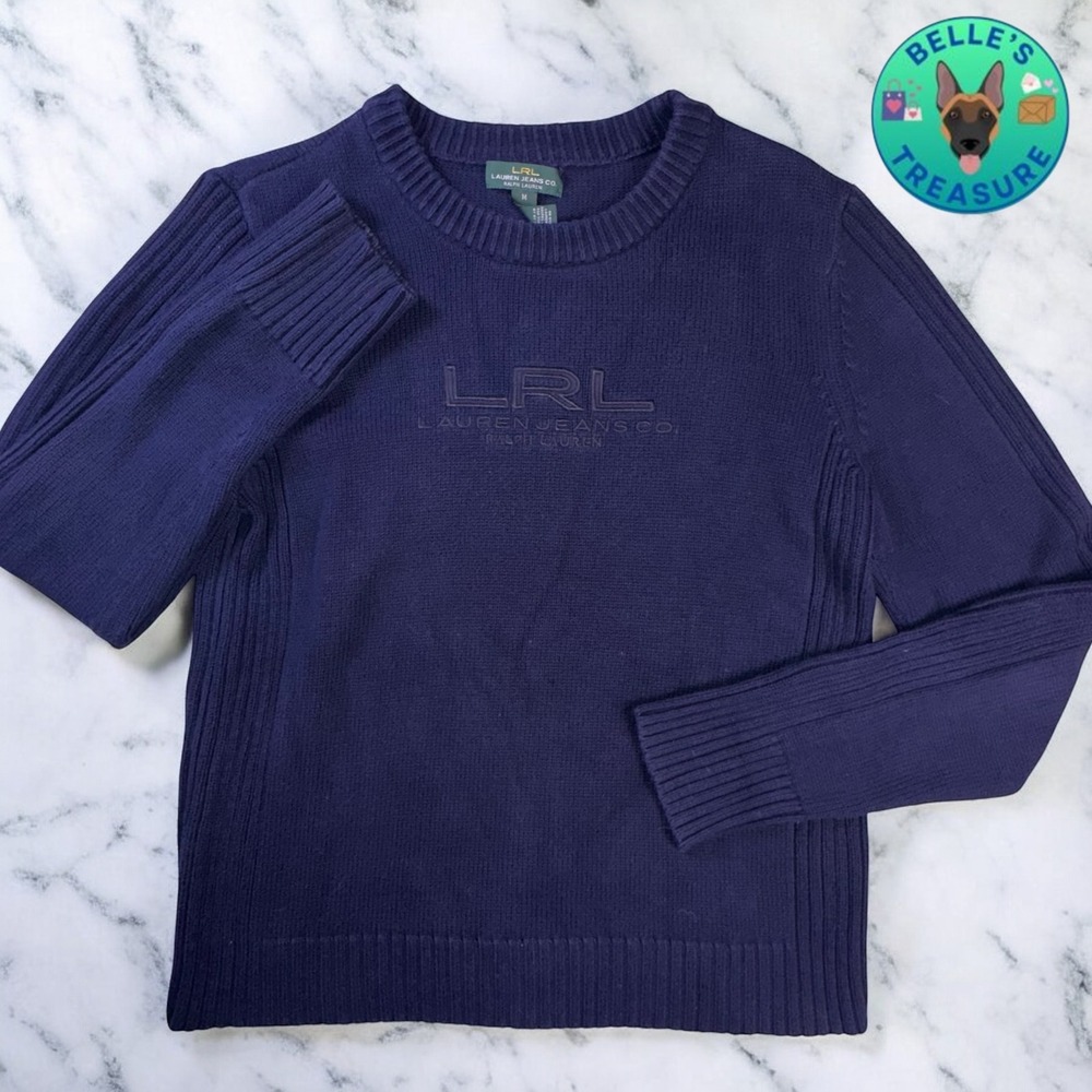 Ralph Lauren Sweater Womens Medium LRL Jeans Co. Logo Crew Neck Chunky Knit Navy